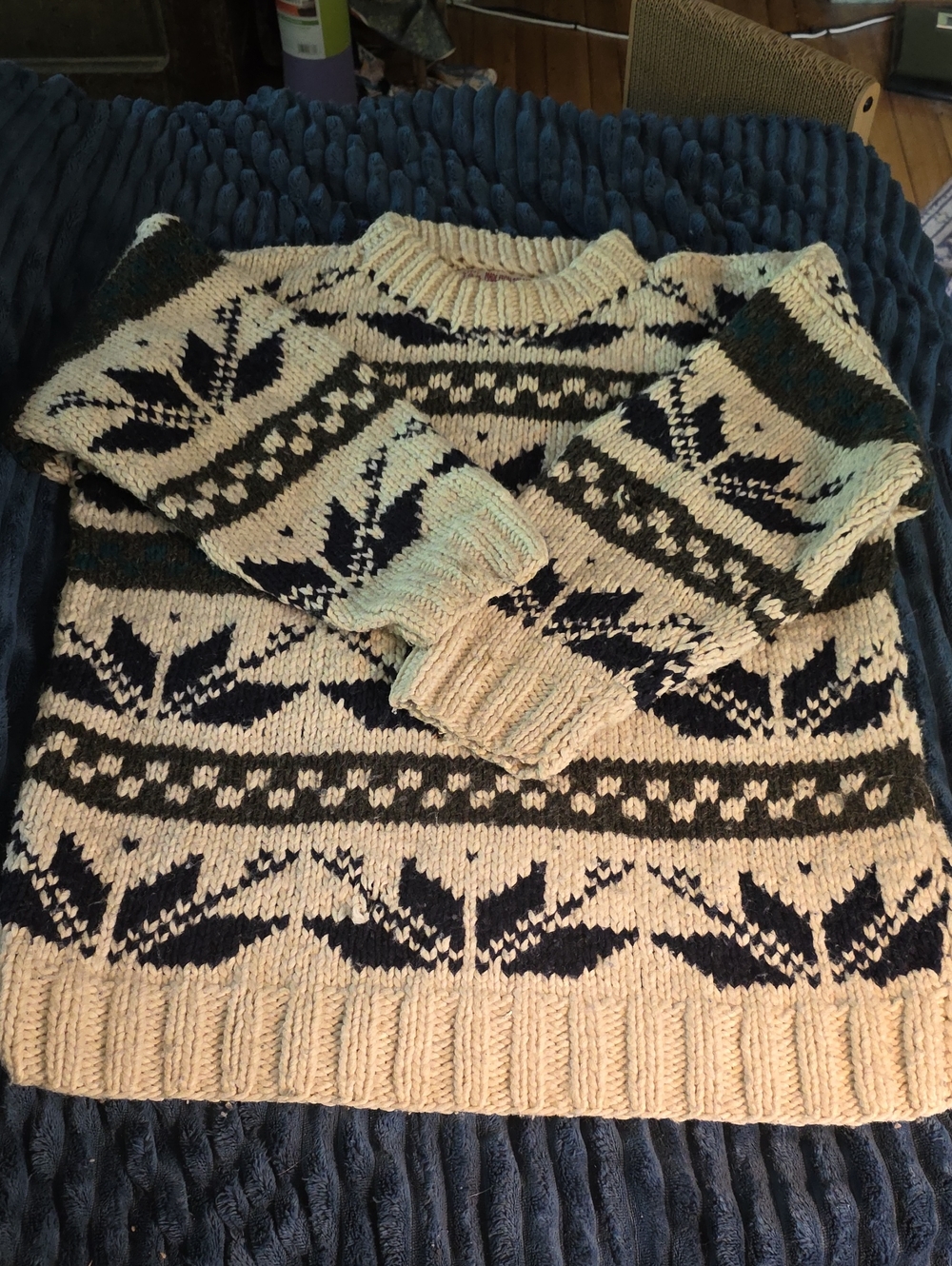 Cream and Navy Patterned 100% Wool, Made In USA, Oversize Sweater